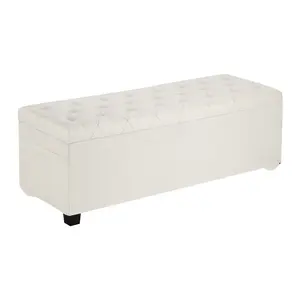 Storage Ottoman Bench, Button-Tufted End Of Bed Bench With Side Bags, Flip-Up Upholstered Storage Chest With Metal Frame, Linen Bed Ottoman For Living Room, Bedroom, Entryway, Office, Beige