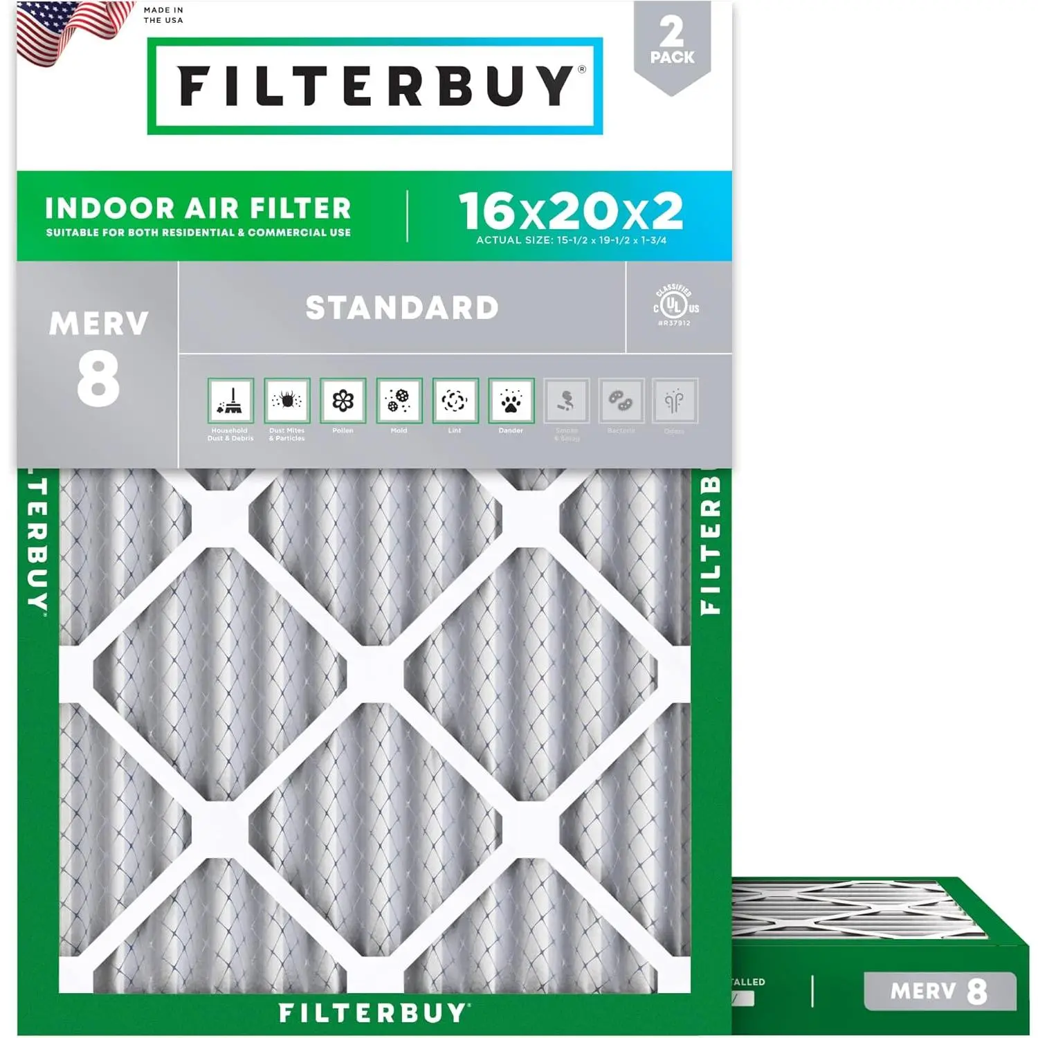 Filterbuy 16x20x2 Air Filter (2-Pack), Pleated MERV 8 Dust Defense HVAC AC Furnace Air Filters (Actual Size: 15.50 x 19.50 x 1.75 Inches)
