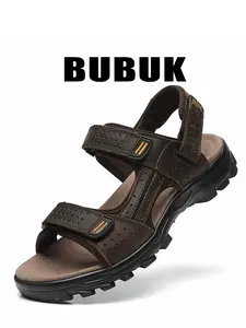 BUBUK Men's Top-Grain Cowhide Sport Sandals, Open Toe Hiking Outdoor Shoes, Anti-Slip PU Sole, Casual Beach Footwear for All Seasons