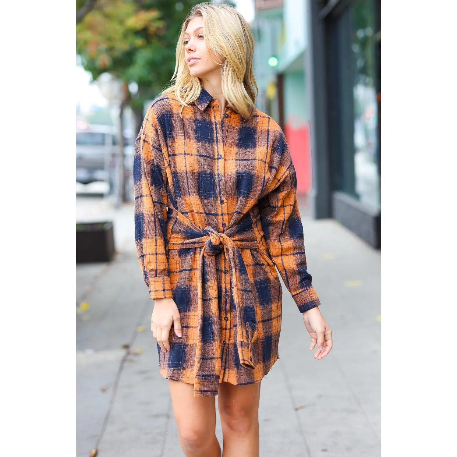 Diva Dreams Navy & Rust Plaid Flannel Button Down Waist Tie Dress