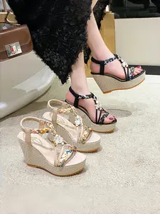 Bohemian Style High Heel Wedge Sandals for Women, Summer Thick Platform Toe Post Ethnic Style Shoes