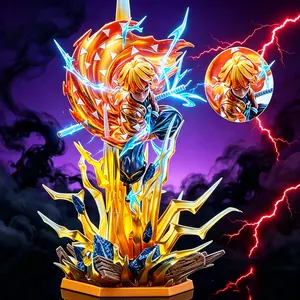High Detail Yellow-Haired Swordsman Statue with LED Lightning Effect, GK Modified Anime Action Figure, Replaceable Facial Expressions, Desktop Display Decoration, Perfect Holiday Gift for Anime Enthusiasts