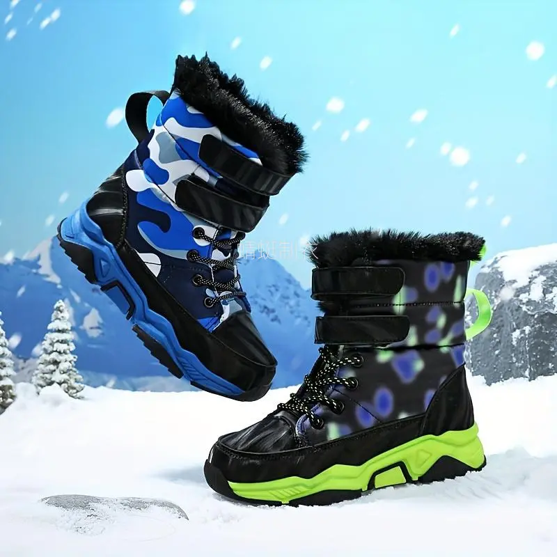 New[Warm Winter Snow Boots] Warm & Durable Boys' Winter Snow Boots |           Camo Camouflage Design, Non-Slip TPR Sole, Round Toe, Fabric/PU Upper - Blue/Green Camo & Black/Grey Patterns for Outdoor Winter Activities (Youth Sizes)