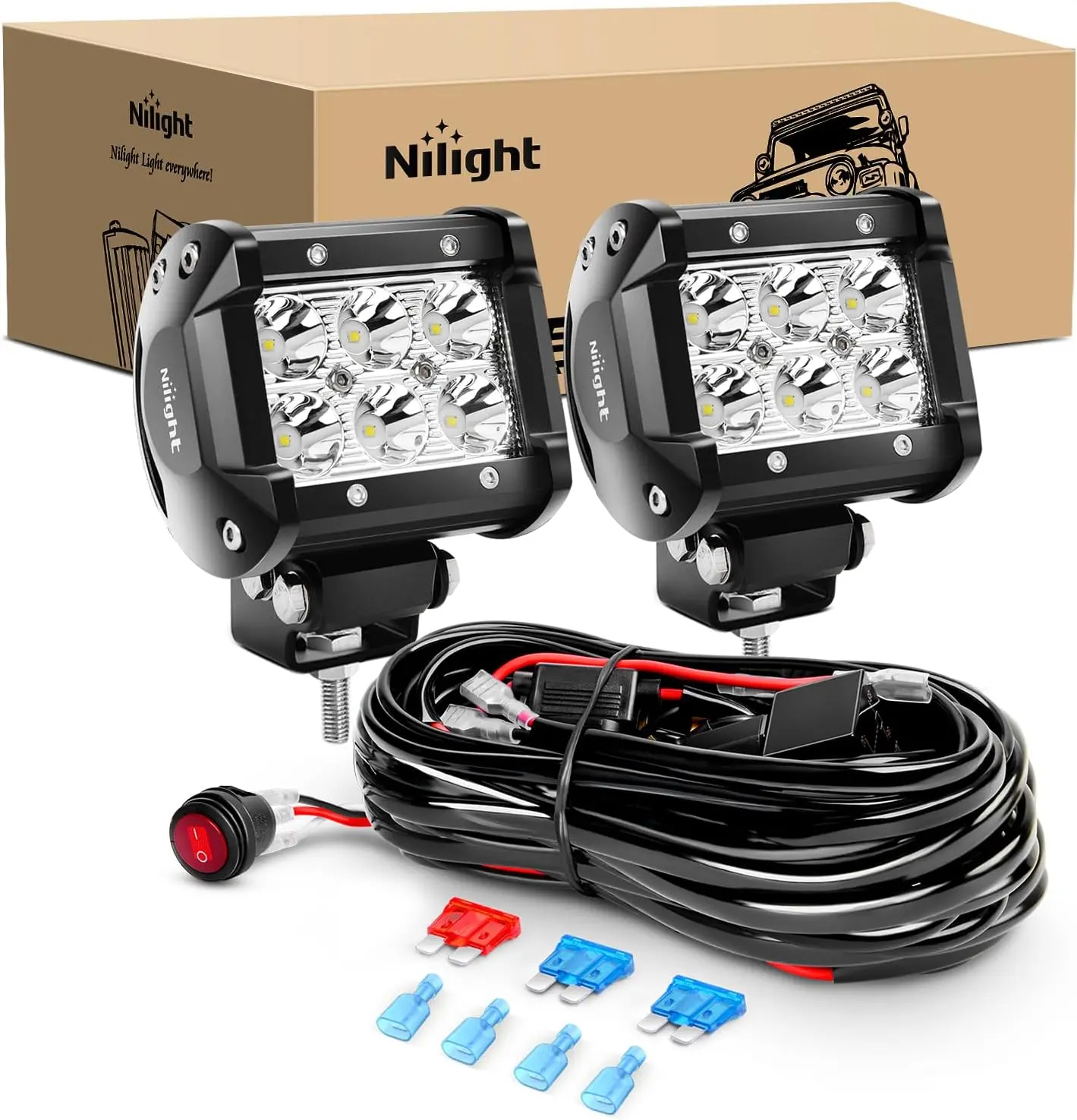 Nilight ZH009 Dual Pack LED Light Bars - 2PCS 18W LED Work Lights with 16AWG Wiring Harness Kit, 45° Aim Control, Automotive & Motorcycle Accessories for Off-Road Cars, Trucks