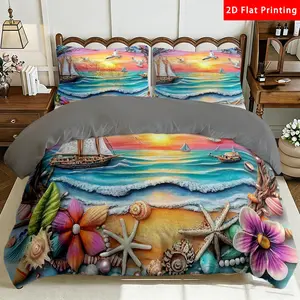 2/3 Pcs 2D Flat Seaside Scenery Milk Velvet Duvet Cover Set Coastal Themed Bedding Set Quilt Cover 1 Duvet Cover + 1/2 Pillowcases Seashells Sailboats Sunset Decorative Bedding Bedroom Decor The Preferred Pick for Bedding