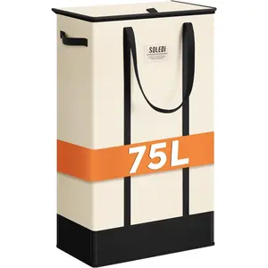 SOLEDI Slim Laundry Hamper with Lid,Collapsible Laundry Basket with Handles,Tall Narrow Dirty Clothes Hamper for Laundry Room, Dorm, Bathroom, and Bedroom, 75L Beige