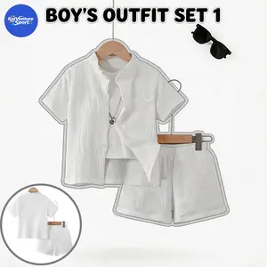 Boys' 2-Piece Regular Polyester Summer Casual Set - Solid Color Stand Collar Single-Breasted Buttoned Shirt with Pocket, Breathable Short-Sleeve Shorts for Outdoor Casual Activities