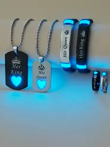 6-Piece Glow-In-The-Dark Heart Letter Couple Necklace Ring Bracelet Set, King Queen Crown Design, Classic Fashion Valentine's Day Gift, Vintage Matching Jewelry Set