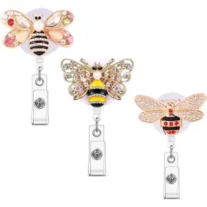 Rhinestones Retractable Badge Reel, Bling  Nurse Badge Holder Reels with Swivel  Clip for Teachers Students Volunteers Employees (3 Pack  Honey Bee)
