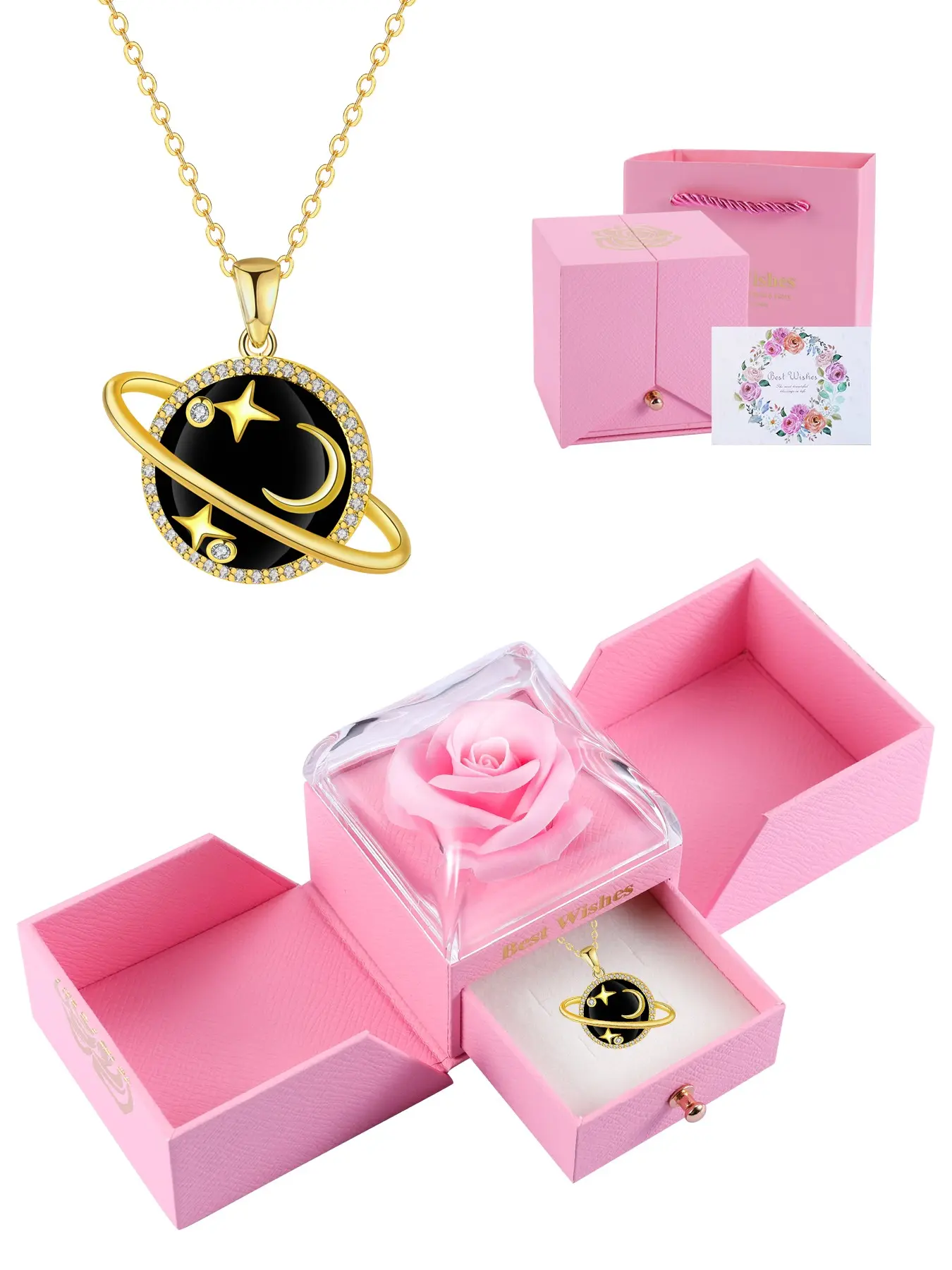Diamond Saturn Pendant Necklace, 18k Gold Plated Low Allergy, Ideal Jewelry Gift for Mother's Day, Anniversary, Includes Box