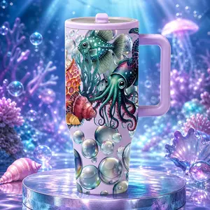 1 Pc 40oz Insulated Mug, Vacuum Insulated Drinkware, Ocean Octopus Shell Bubble Print Thermal Mug, Purple Sea Life Mermaid Tumbler With Handle And Lid, Double Wall Leak Proof Travel Mug For Hot Cold Drinks, Beach Summer Gift For Women Men, Drinkware