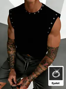 Men's Short Box Vest, Summer Vacation Loose Fit, Punk Rivet Eyelet Craft, Pure Color Versatile Basic, Festival Gift Choice