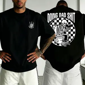 Men’s oversized double-sided print T-shirt, funny “dad life” skeleton graphic tee, breathable cotton streetwear shirt, perfect gift for Father’s Day and weekend outings