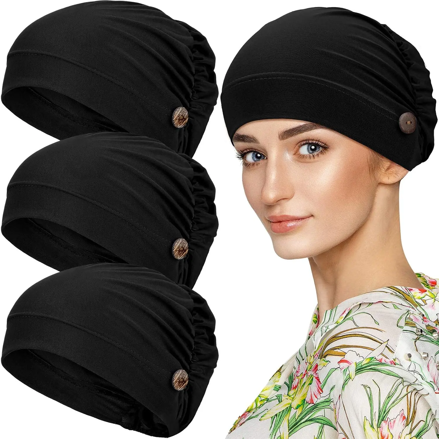 3 Pack Bouffant Scrub Caps with Buttons Adjustable Work Hats