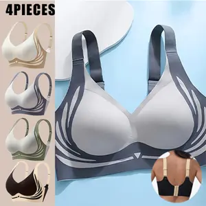 4-piece set Color Block Back Buckle Adjustable Push Up Wireless Bra