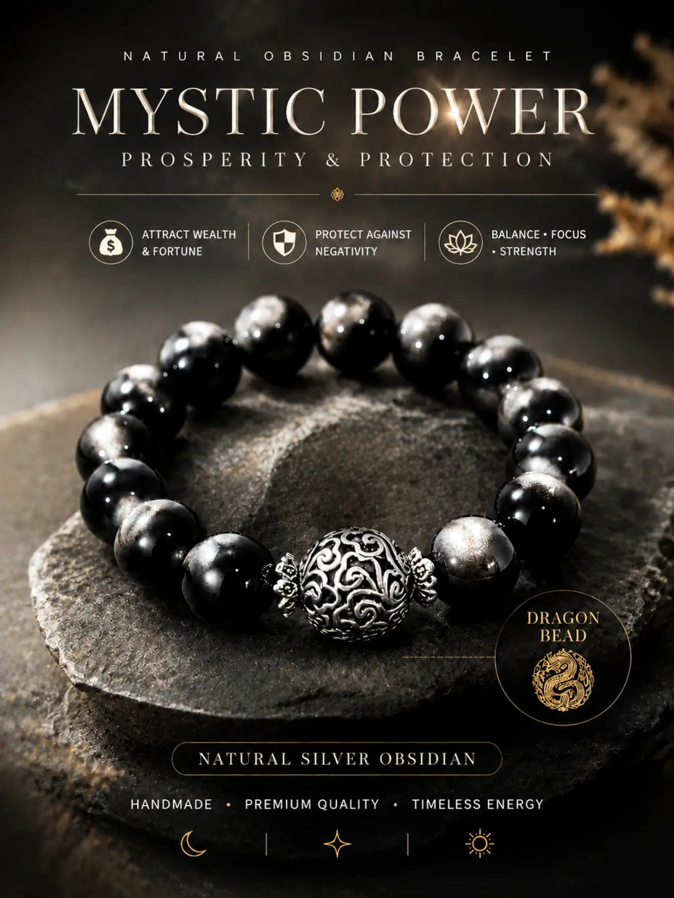 Men's Natural Crystal Bracelet, Jewelry Bracelet, Obsidian Silver Color, Wealth Attraction, Protection, Wedding Gift, Birthday, Festival, High Quality Bracelet