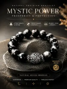 Men's Natural Crystal Bracelet, Obsidian Silver Color, Wealth Attraction, Protection, Wedding Gift, Birthday, Festival, High Quality Bracelet