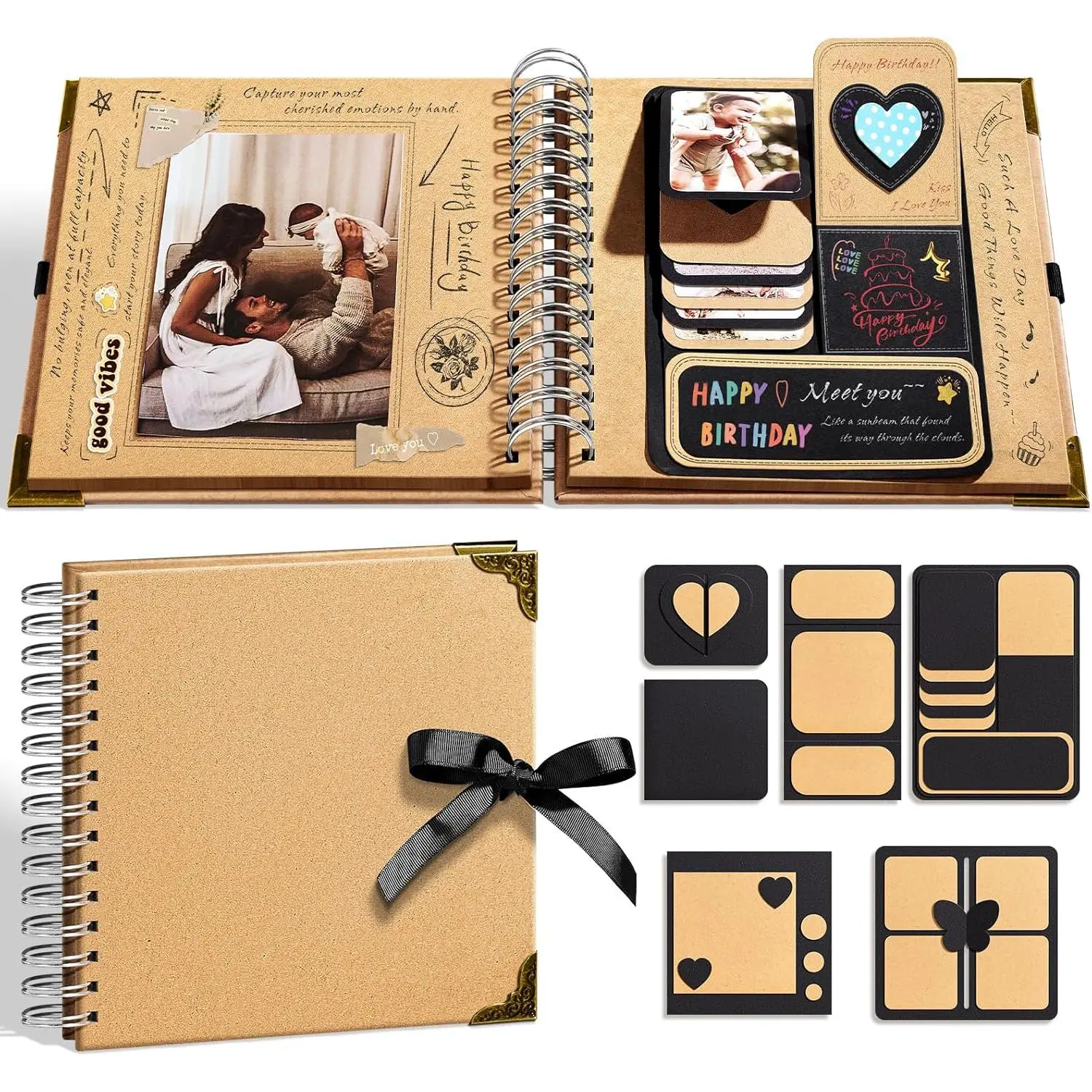 Decorative Scrapbook & Accessories Kit, 8x8 DIY with 360-Degree Rotating Binding, 40 Pages 250gsm Thick Kraft Paper, Metal Corner Protectors, 3D Elements, Glue Pen - Ideal for Wedding Journal, Graduations, Pregnancy Announcements & Handmade Gifts