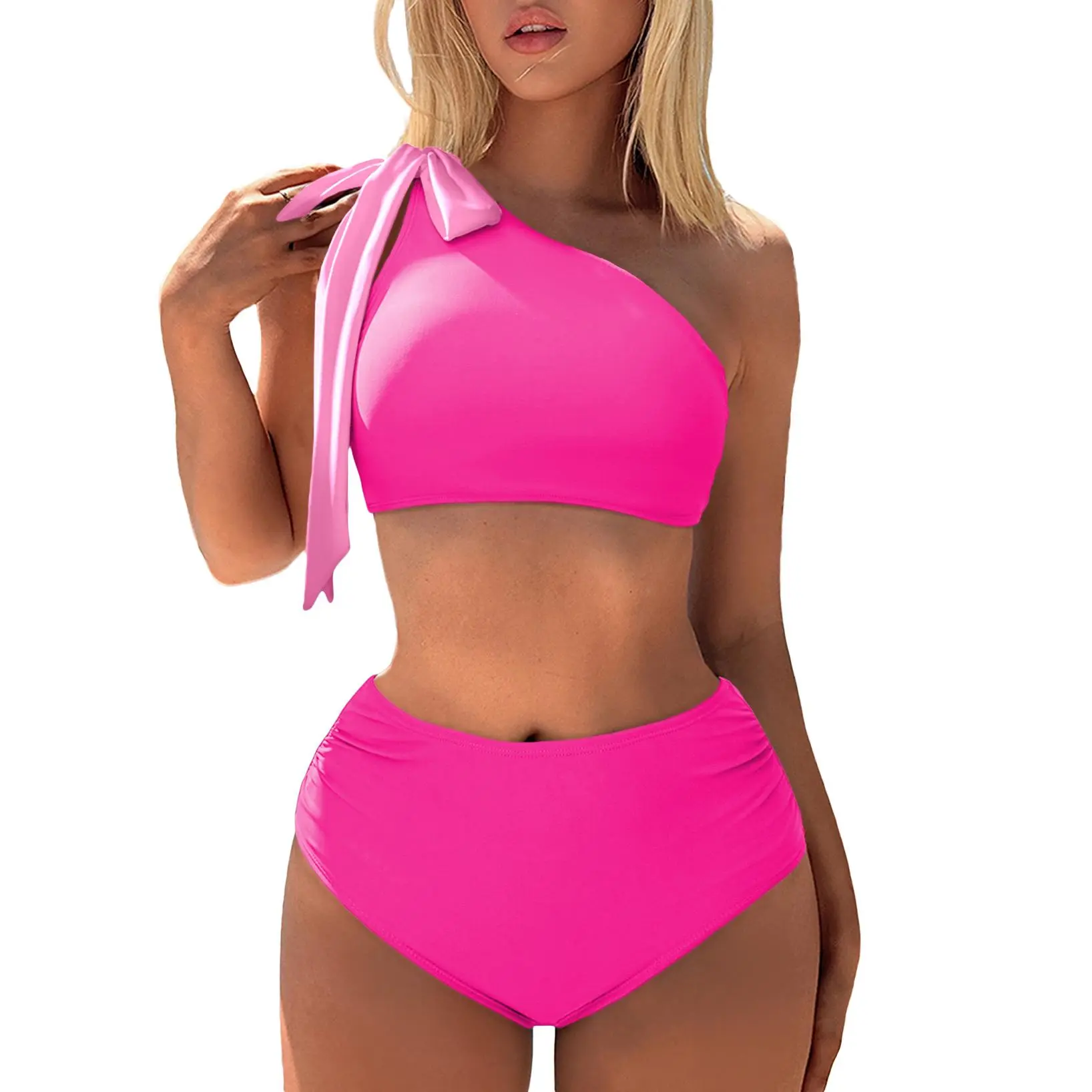 Aleumdr Women's One Bow Shoulder Bikini Sets 2 Piece Ruched Swimsuit Elegant Bathing Suit SwimWeek Vacationoutfits Summerstyle