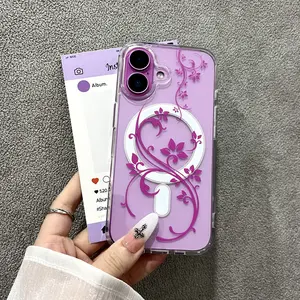 Flower Magnetic Phone Case with Wireless Charging Support Compatible with iPhone 17 16 15 14 13 Pro Max Plus Air Series Crafted from Silicone and Transparent Acrylic Offers Drop Protection and Anti-Slip Grip