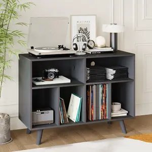 Garvee Large Wooden Record Player Stand with Vinyl Storage, Holds Up to 350 Albums, Includes Charging Station, Stylish Black Turntable Cabinet for Living Room