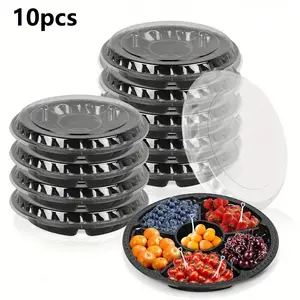 10pcs Round Plastic Trays with Lids, Six-Compartment Food Containers, Ideal for Fruits Vegetables Snacks, Party Buffet Kitchen Essentials