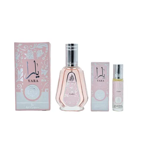 Lattafa Yara Travel Combo set - Yara 50ml Eau de Parfum Spray + Yara 10ml Roll on Vanilla Sweet Fragrance for Womens Vanilla Scented Long Lasting Perfume Oil