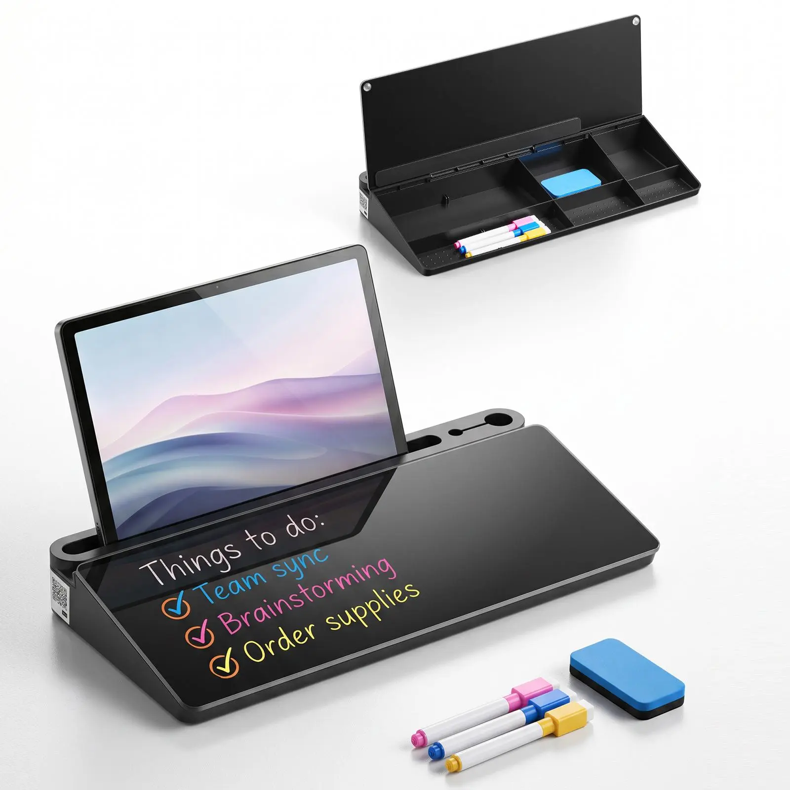 【BackToSchool】VEVOR Desktop Glass Dry Erase Board (15.8x7.1x1.9 in) with Glass Top, Storage Organization, Non-Slip Bottom, Ergonomic Angled Design, Multi-Use Desktop Organizer for Office, School Supplies, Black, Compartmentalization