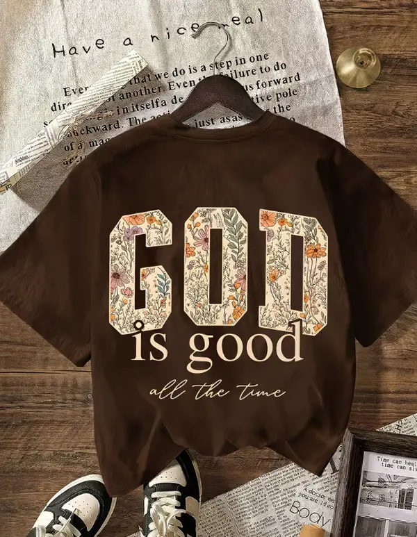 Double Sided God Is Good All The Time Floral Fill Letter Print Women's Brown Casual Short Sleeve Boho Christian Faith Religious T-Shirt