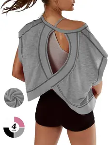 Women Short Sleeve Workout Shirts Open Back Tops Casual Yoga Y2k Athletic Gym Slouchy Crop Running Tees