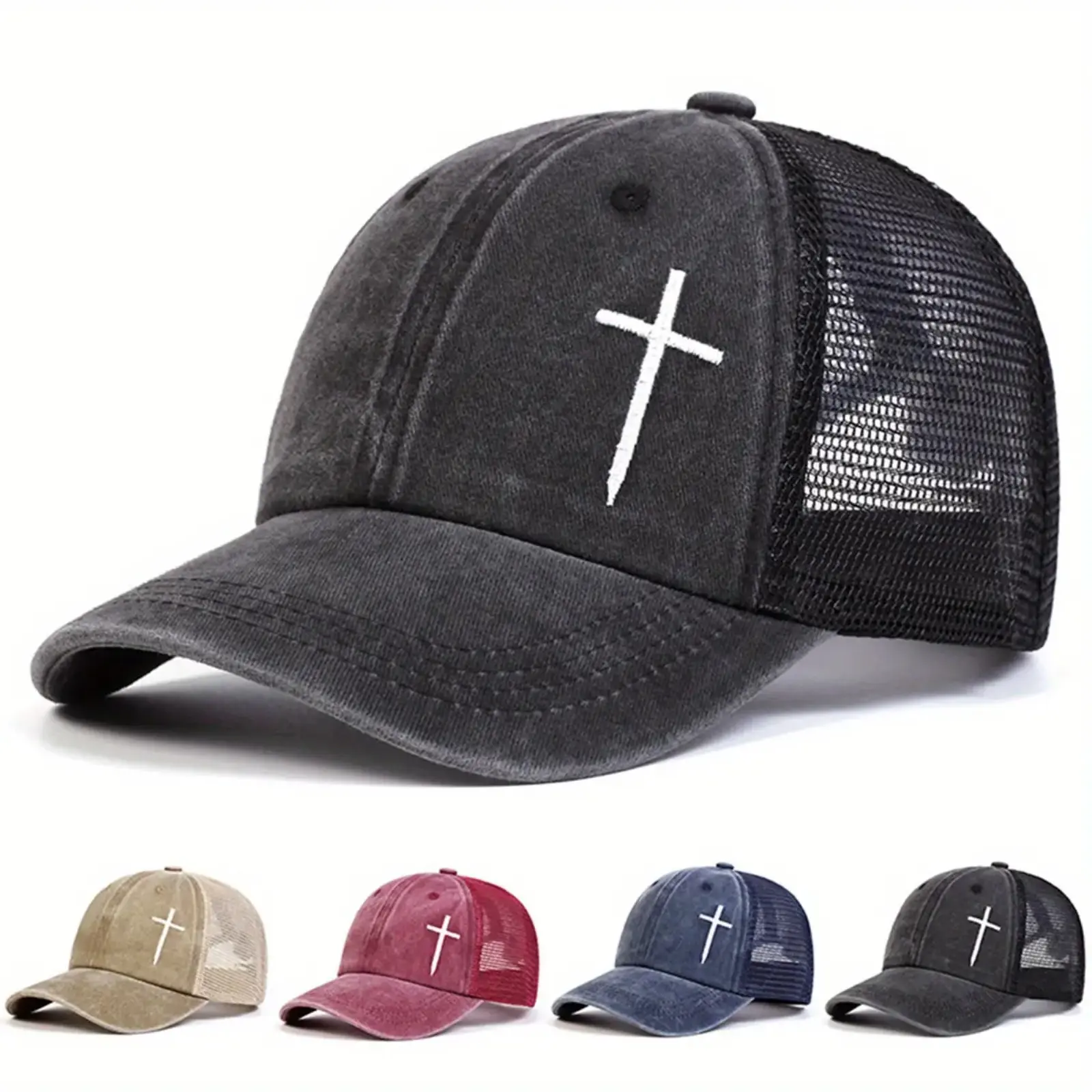 Unisex Cross-Embroidered Mesh Baseball Cap - Adjustable Sunscreen Snapback, Breathable Casual Outdoor Headwear, Women's & Men's Hats, Ideal for Travel, Beach Vacations