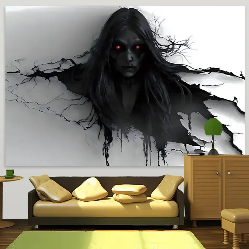 Extra Large Demon Art Neon Nature Bohemian Sun Black Hair Day of the Dead Polyester Vertical Tapestry - Hook-Included Gothic Wall Decor, Hand Wash Ok Warmth Adder, No-Power-Needed, Custom Image Upload Option, Synthetic Living Room Accessory, Indoors