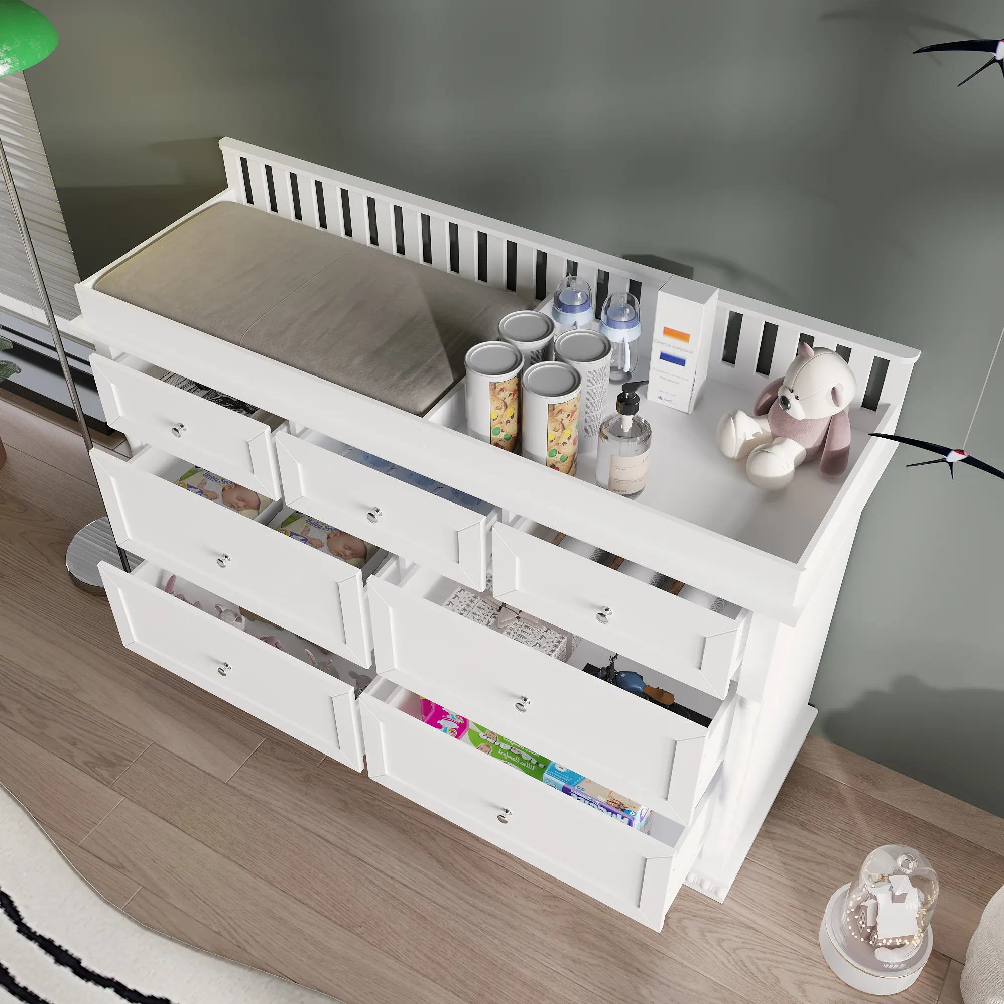 FUFU&GAGA Modern White Classic Nursery Furniture - 7-Drawer Baby Changing Dresser with Removable Infant Changing Table, Metal Slides for Clothes Storage Chest