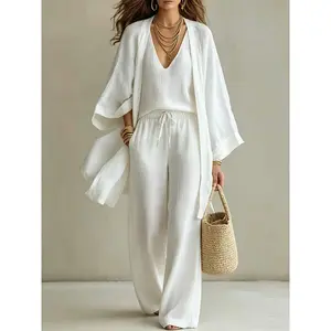 VVZ 2026 Women's 3-Piece Outfit Set - Casual Loose Kimono Cardigan + V-Neck Cami + Wide Leg Pants, Perfect for Vacation & Daily Wear, Chic Loungewear for Women