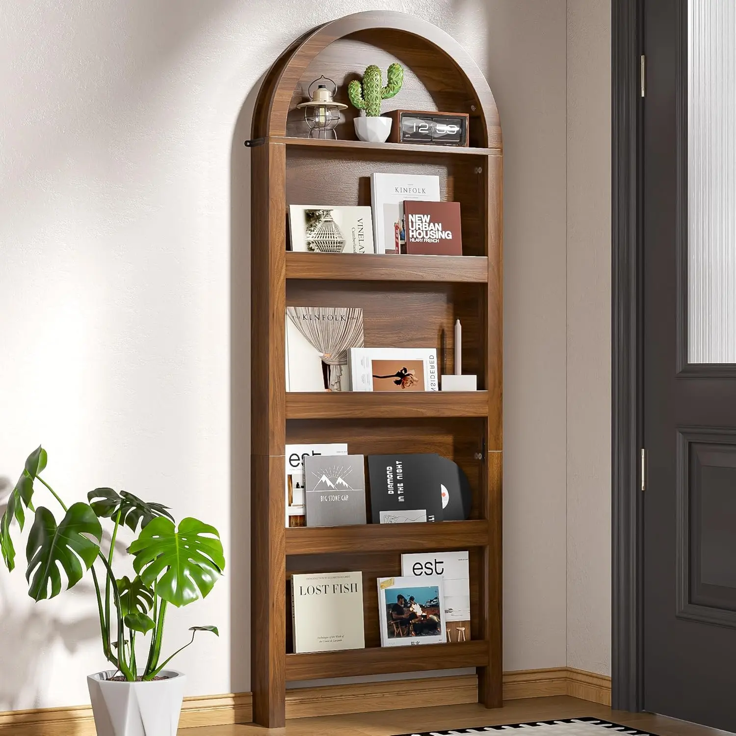 Contemporary 5-Tier Curve Shelves Wall-Mount Engineered Wood Bookshelf - 3.9"d x 23.6"w x 63"h, Arched Top, Narrow, Assembly Required, Behind-The-Door Space-Saver, Books/Magazine Rack, Home Storage for Living Room Furniture