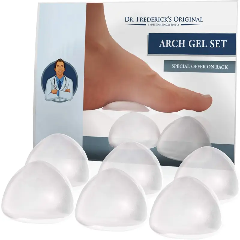 Dr. Frederick\u2019s Original Arch Support Gel Inserts - 6 ct - High Arch Support for Plantar Fasciitis, Flat Feet & PES Cavus - Peel & Stick Reusable Insoles for Men & Women - Fits All Shoe Types