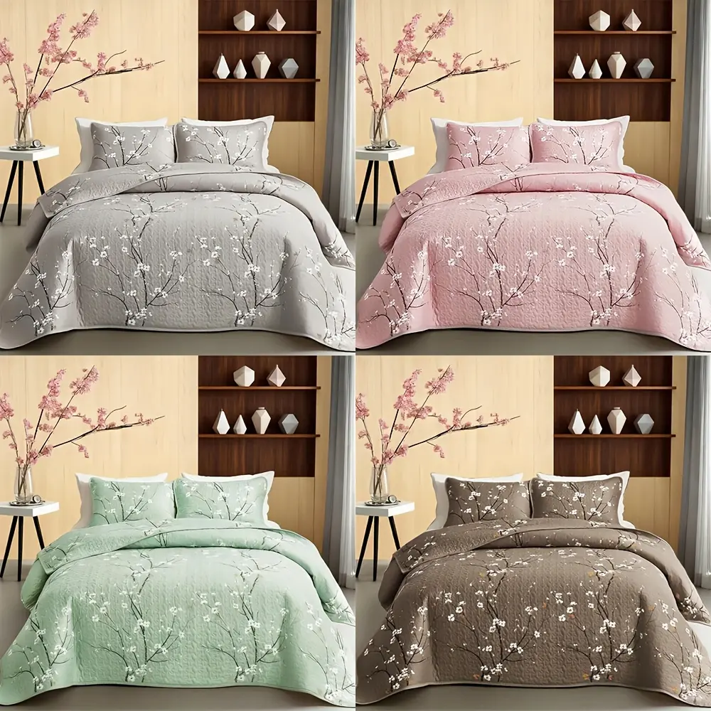 2/3pcs Multicolour Tree Branch Plum Blossom Quilted Quilt, 1pc Quilted Quilt+ 1/2pcs Pillowcases, Soft Breathable Comfortable Portability Hypoallergenic Machine Washable Bed Cover Bedding Room Decor, SingleBed/ Queen/ King Size