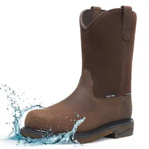NINGO Men's Steel Toe western Work Boots - Waterproof Wellington Pull-On Boots with Full Grain Leather & Goodyear Welt, EH Rated Non-Slip Safety Shoes for Industrial & construction Agricultural Work