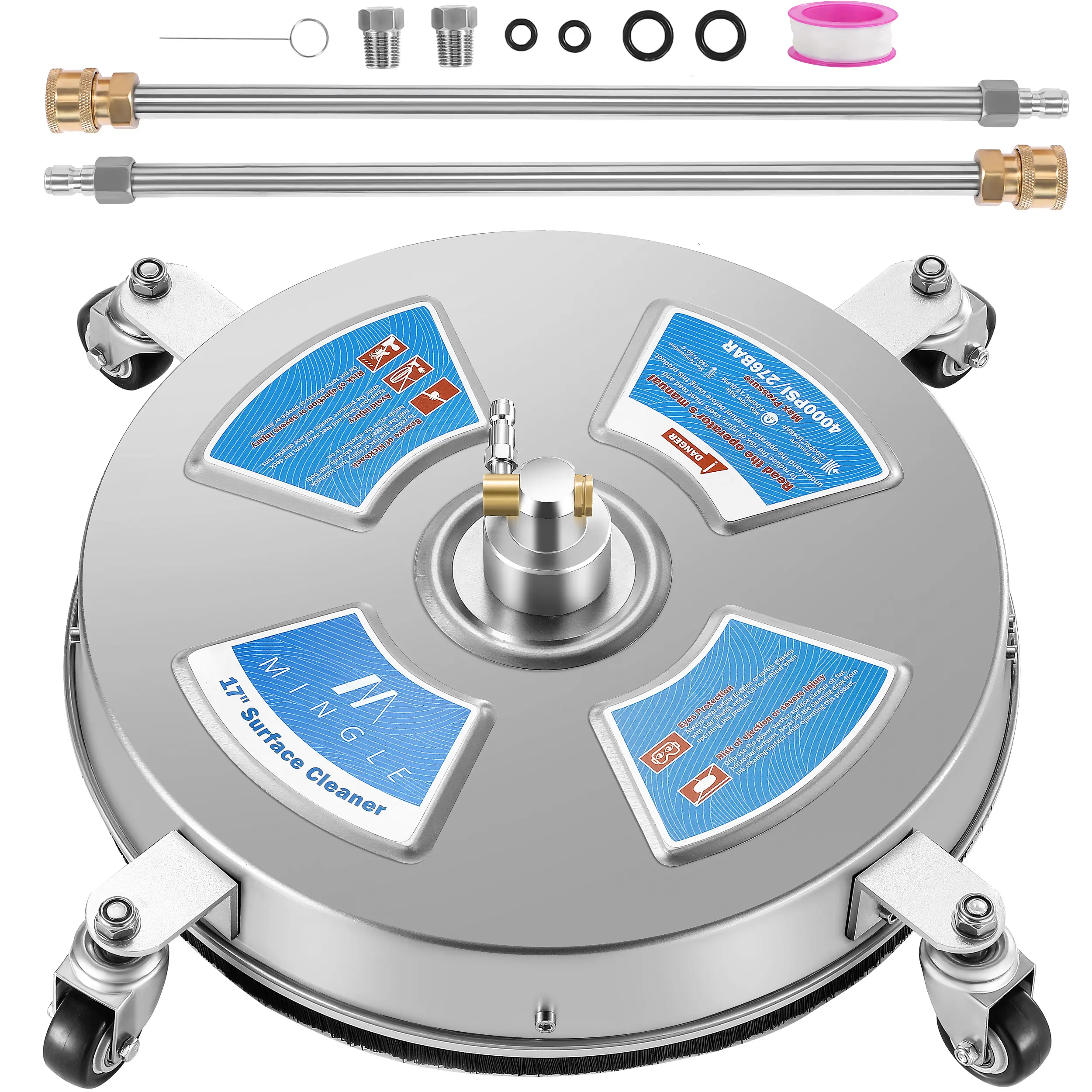 M MINGLE 17 inch Heavy Duty Pressure Washer Surface Cleaner Attachment, 4000 PSI Max Stainless Steel, 4 Wheels, 4.0 GPM, 1/4in Quick Connect, Dual Wands, 2 Replacement Nozzles, 4 O-Rings, Fits Portable Washers (Ideal for Driveways, Decks)【DealsForYouDays】