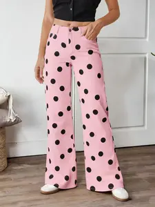 Women's High Waist Loose Fit Polka Dot Print Jeans, Elastic Wide Leg Pants, Comfortable Stretch Denim Bottoms, Casual Comfy Pants for All Seasons