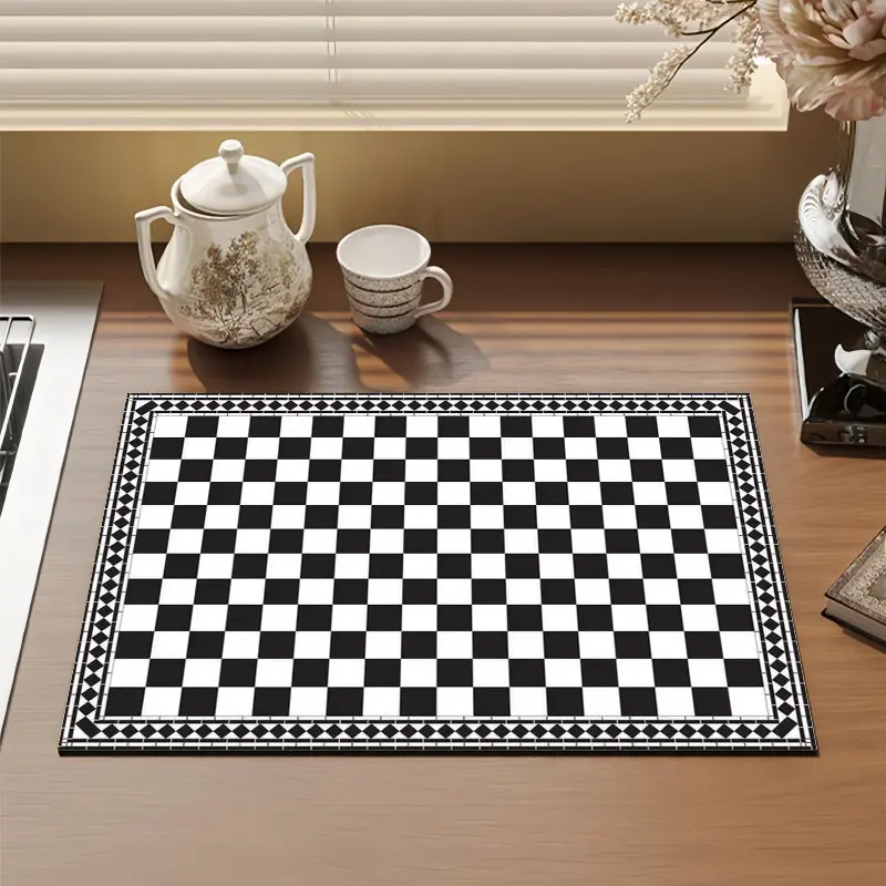 Plaid Gingham Non-Slip Kitchen Dish Drying Mat - 3mm, 50cm x 40cm Black and White Printed Fabric, BPA-Free, Absorbent, Moisture-Proof, Dustproof Countertop Cover for Tableware, Coffee Station Use