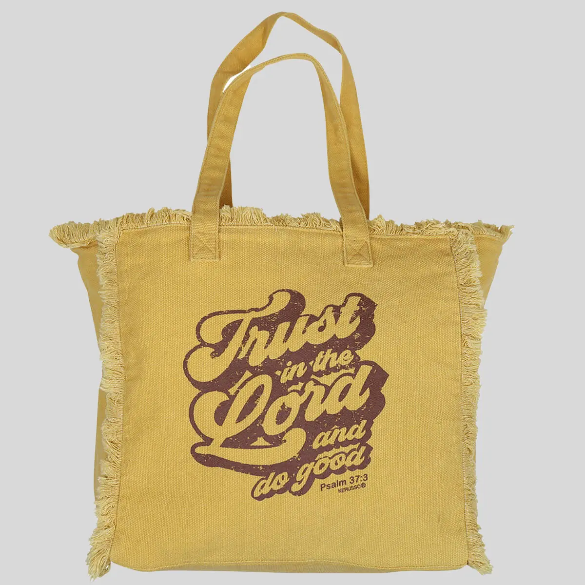 Women's Yellow Tote Bag in Cotton Canvas with Fringed Edge, Casual Christian Slogan Print & Top Handle, Multi-Compartment for Everyday Carry