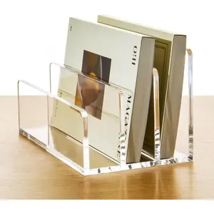 3 Compartments Clear Acrylic Mail Holder Vertical Letter Sorter & Multifunction Desk Organizer for Bills Documents Notebooks Modern Office/Home Envelope File Rack
