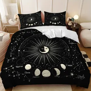Bedding Set - 3pcs Black and White Star and Moon Constellation Design Down Comforter Set (1 comforter cover + 2 pillowcases, filling not included) A gift for family and friends, soft and comfortable, suitable for family bedrooms and guest rooms.