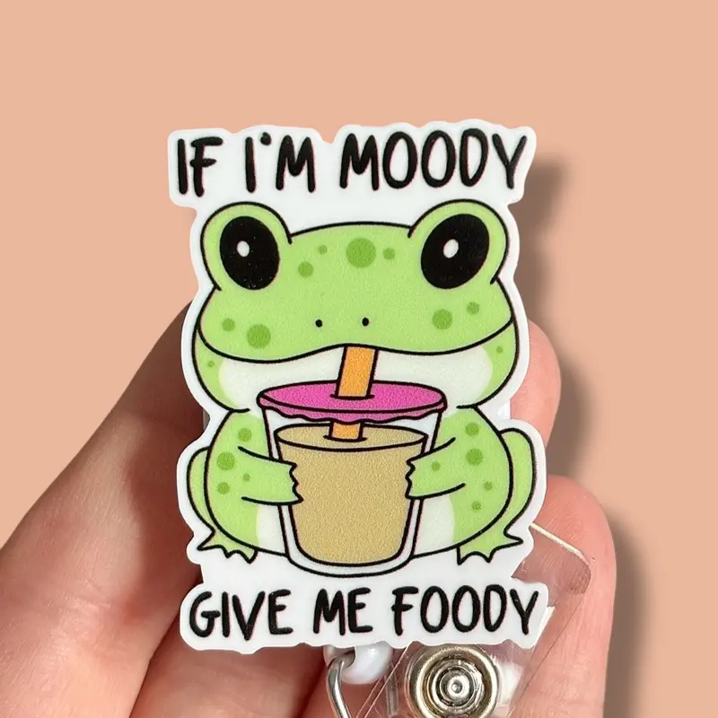 Glitter My Badge Frog if I’m moody give me foody badge reel for nurse and hospital workers. Badge clip Badge pull - Retractable swivel clip with a 360 rotation. Great gift for coworker
