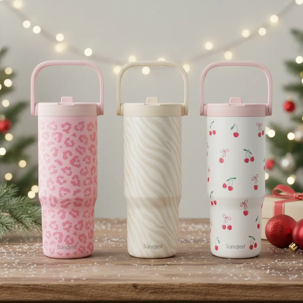 Sandjest 30oz Stainless Steel Straw Lid Tumbler with Carry Handle, Leak-proof Insulated Reusable Water Bottle Travel Mug, Ideal for Christmas Gift