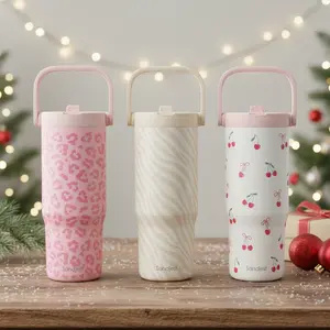 Sandjest 30oz Stainless Steel Straw Lid Tumbler with Carry Handle, Leak-proof Insulated Reusable Water Bottle Travel Mug, Ideal for Christmas Gift