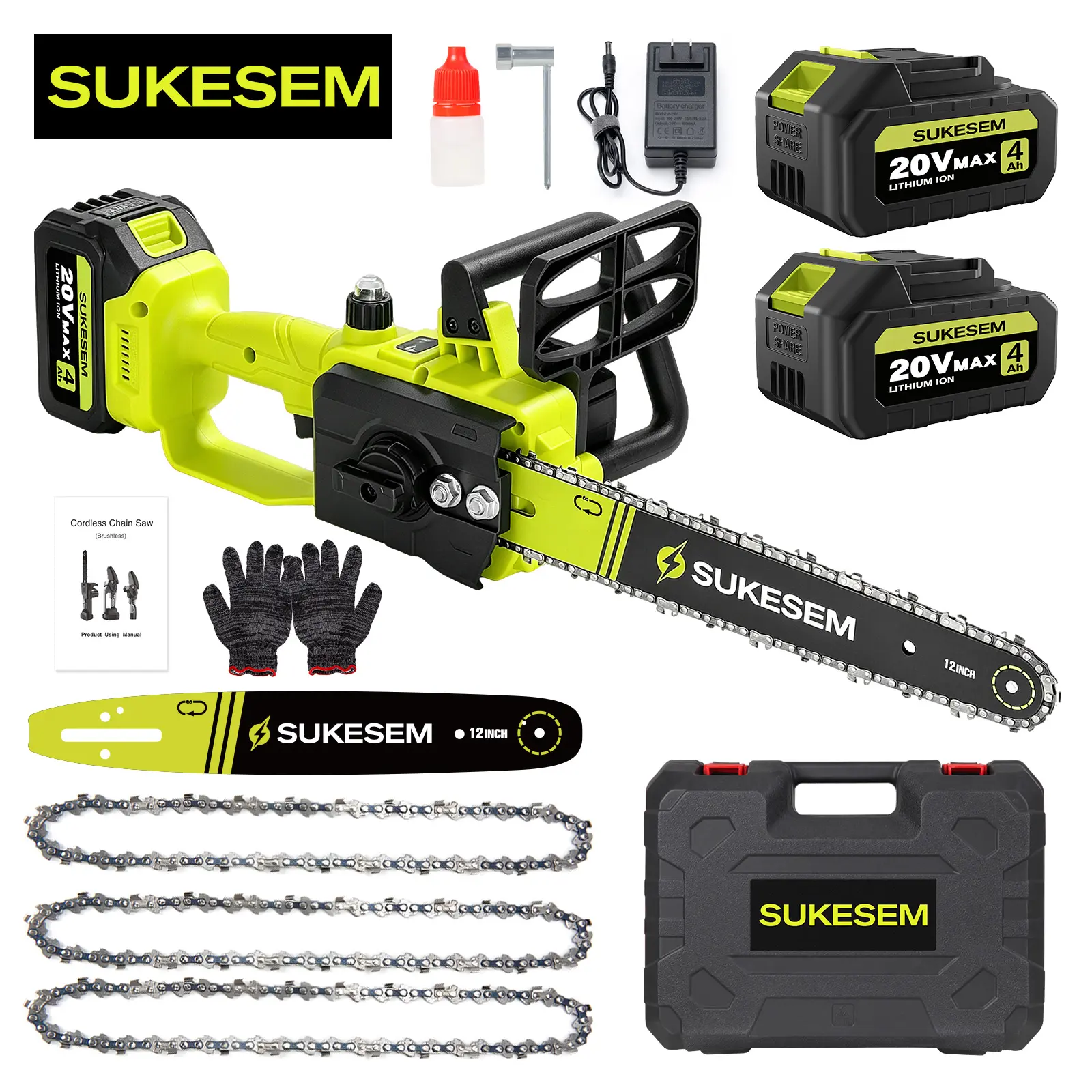SUKESEM Brushless Cordless Chainsaw, 12 in Handheld Grip Chainsaw with Plastic Body & Charger, Power Tool for Homeowners Tree Trimming & Firewood Cutting