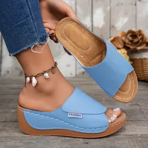 Women's Mid-Heel Wedge Slide Sandals - Faux Cover Straps, Open Toe, Arch Support, Breathable Soft Sole, Stylish Footwear - Ideal for Casual Wear - Available in Maroon, Black, White, Blue, Brown Shoe