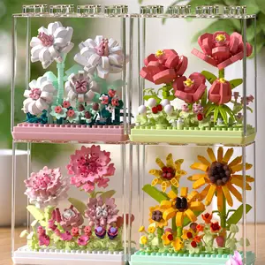 Mini Building Blocks Flower Eternal Bouquet Series - Sunflower & Carnation with Acrylic Box, Educational DIY Assembly Bricks, Desktop Decoration, Gifts for Boys & Girls, Birthday Gift, Valentine's Day Gift, Back to School Gift & Prize